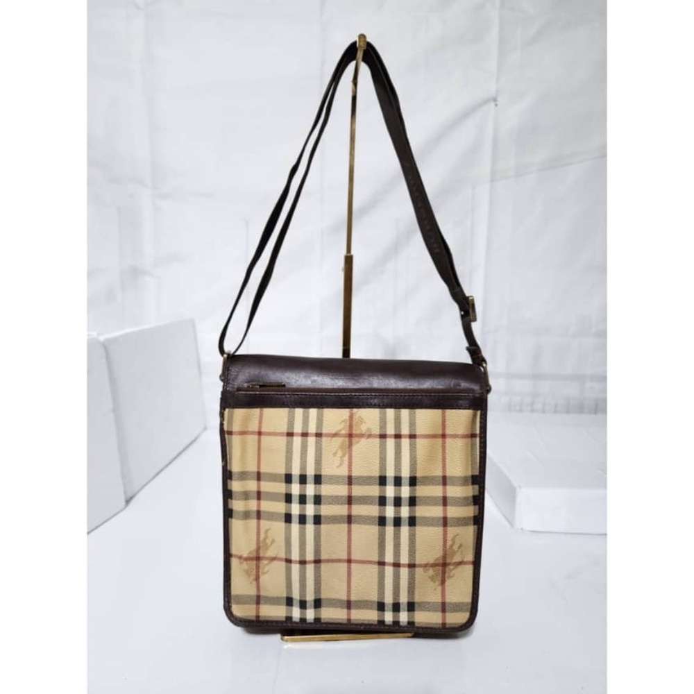 Authentic Burberry Haymarket Check Flap Crossbody Bag Brown/ Beige